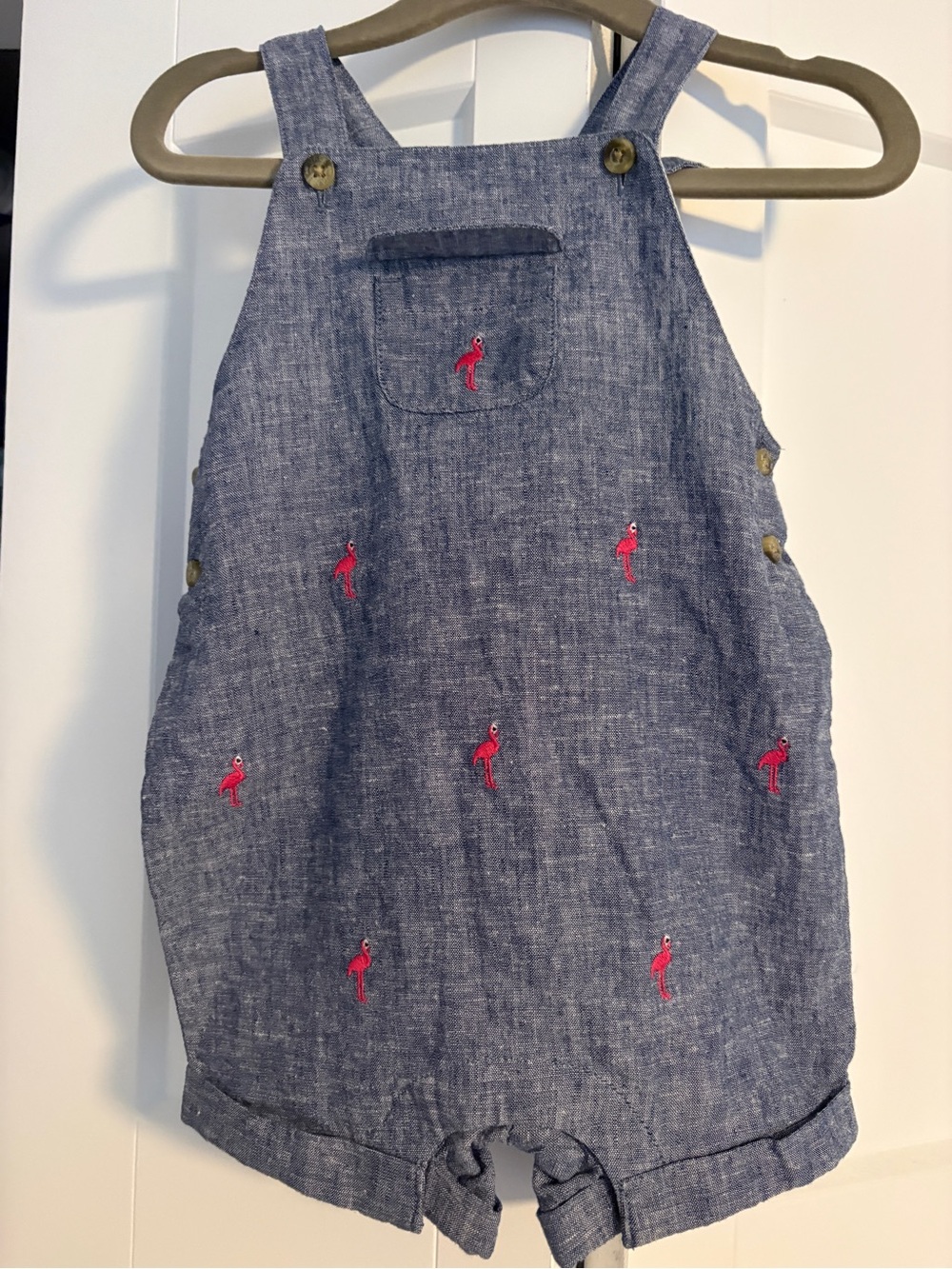 Janie and Jack Blue Chambray Romper with Pink Flamingo Embroidery